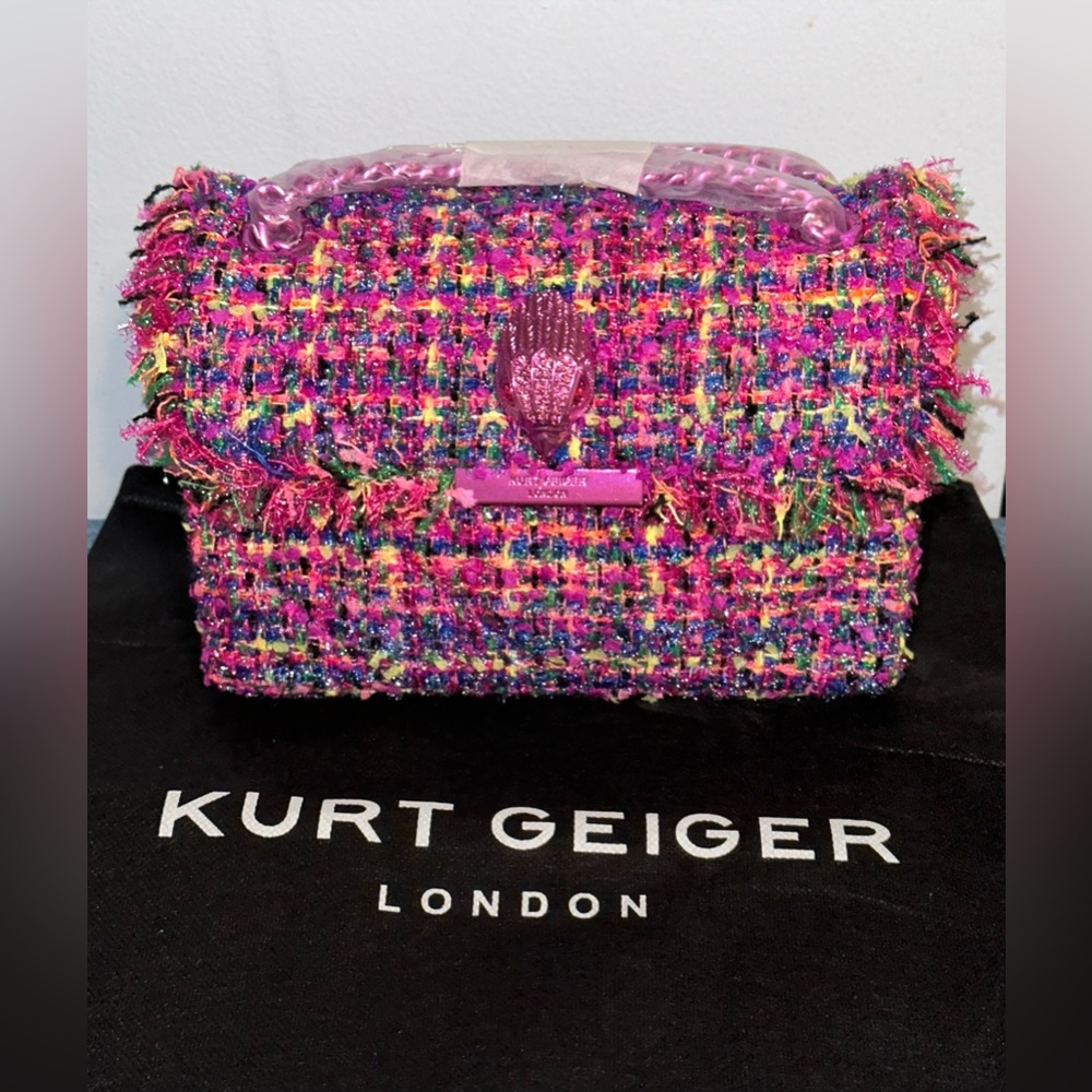 Kurt Geiger London Mini Kensington Tweed Metallic Pink Convertible Crossbody Bag